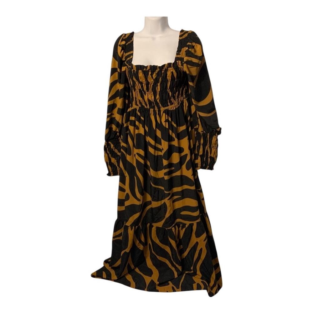 TOPSHOP Shirred Long Sleeve Maxi Dress In Black Brown Multi - Picture 2 of 14